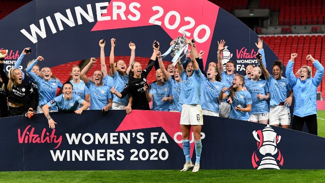 Women's FA Cup: Manchester City beat Everton in extra time to claim third title in four seasons